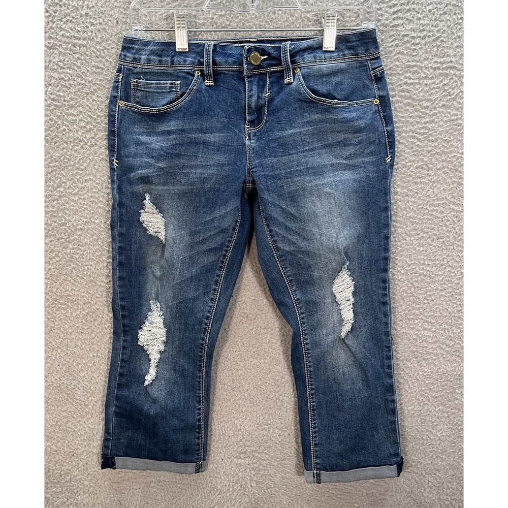 YMI Jeans Womens 9 Blue Crops Cuffed Stretchโ Distressed Denim Preppy Casual